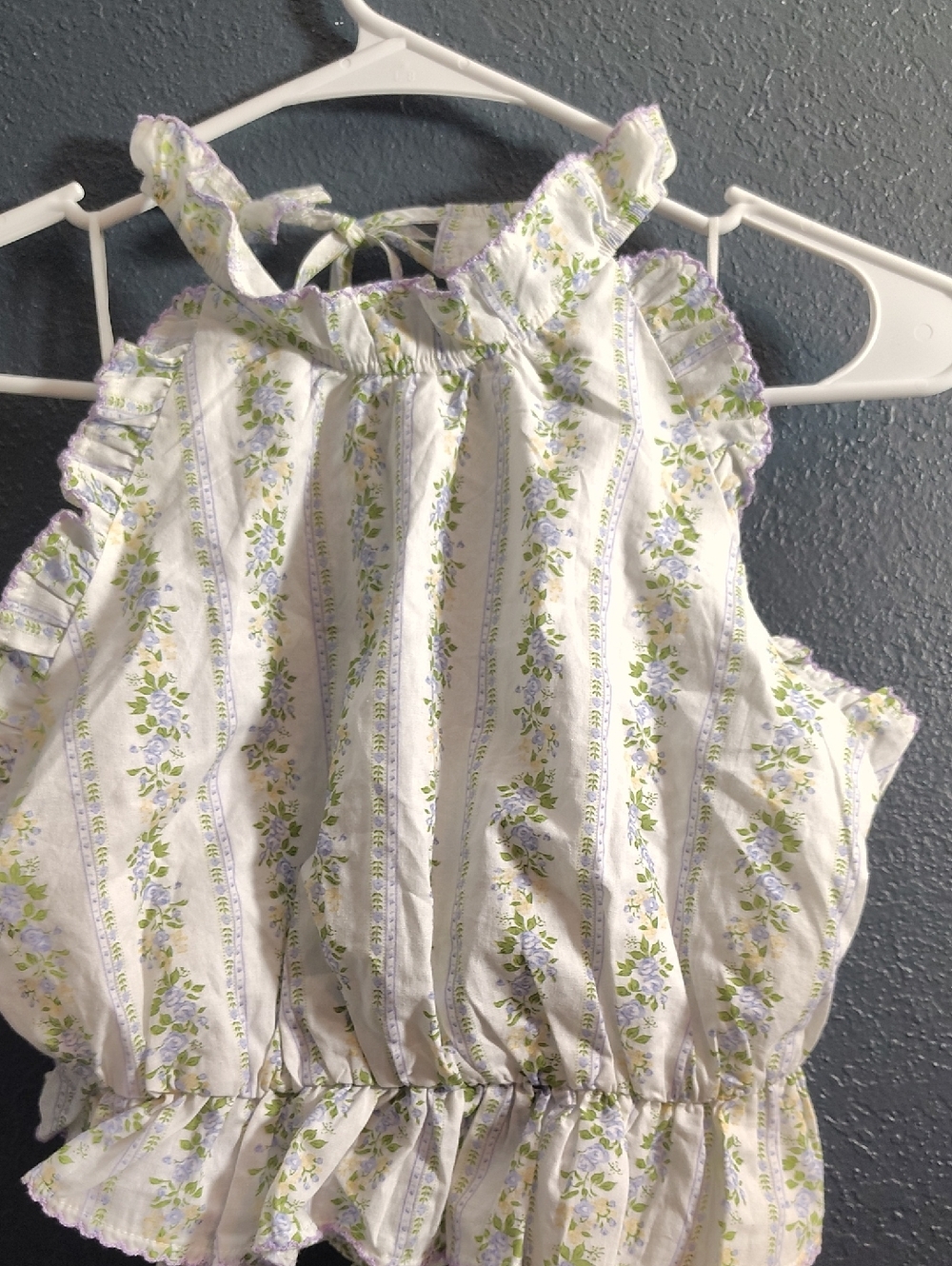 Amable  By Mable White Halter Open Back Crop Top with Lavender Floral Stripe